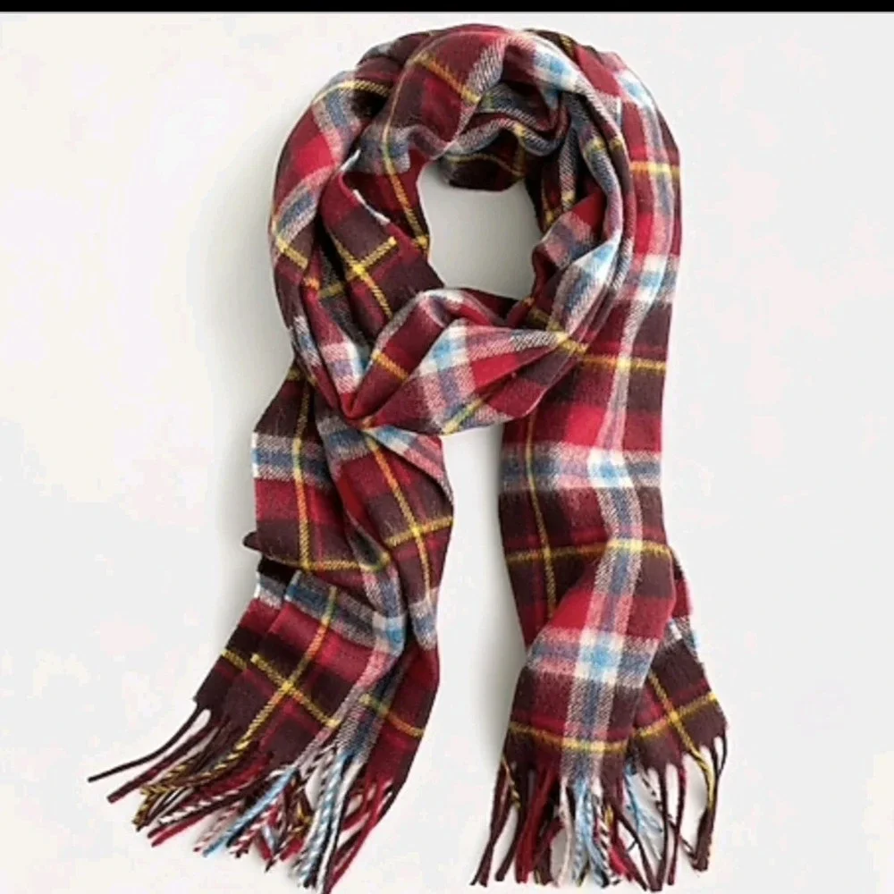 J.Crew Abraham Moon Plaid Scarf Burgundy Merino Wool Fringe Preppy British